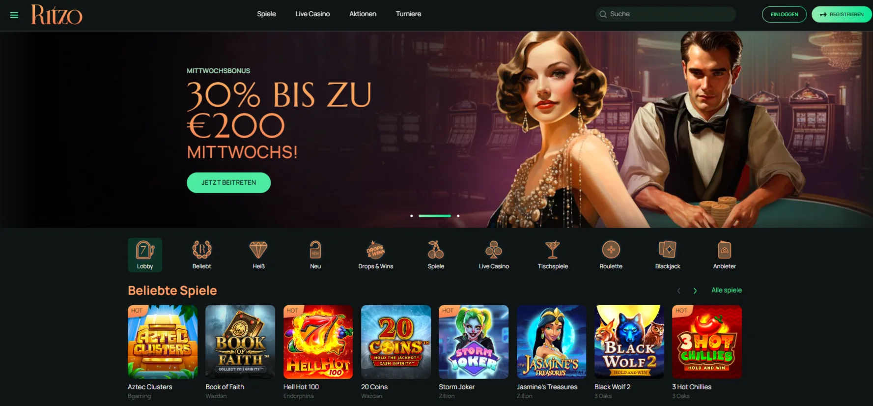 Ritzo Casino Lobby mit Mittwoch Bonus 30% bis €200 Ritzo Lobby