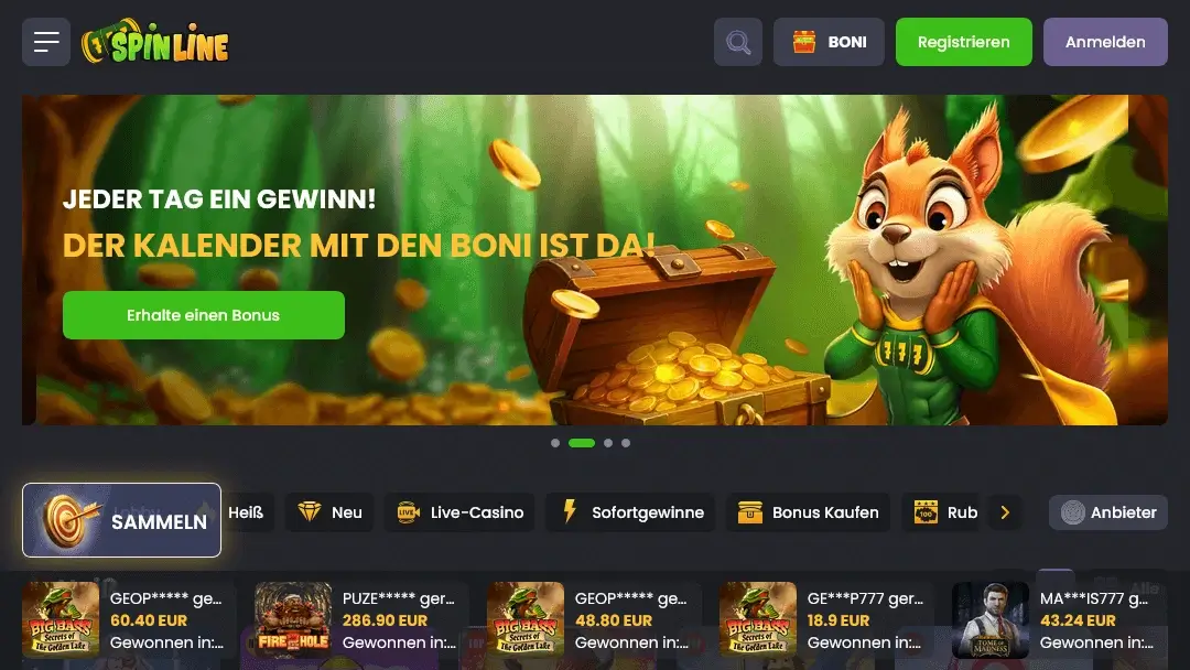 SpinLine Casino – Jeden Tag ein Gewinn mit dem Bonuskalender SpinLine Casino Startseite mit Eichhörnchen-Maskottchen