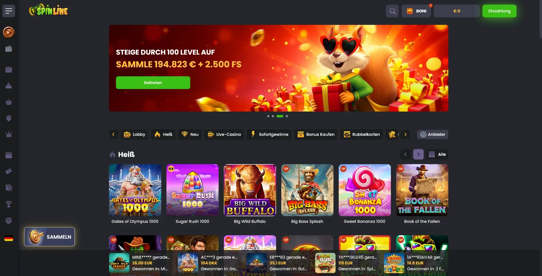 Spinline Casino Bonus-Banner mit Angeboten und Spielautomaten-Vorschau Spinline Casino Startseite