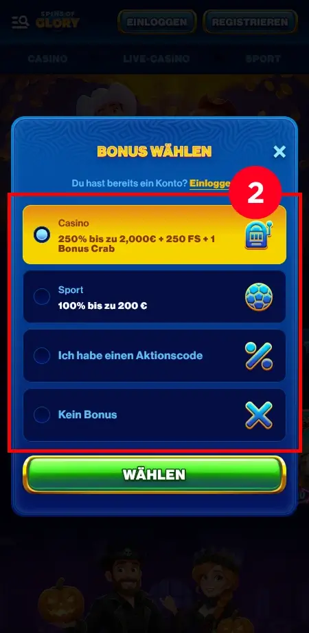 Spins of Glory Bonus Auswahl