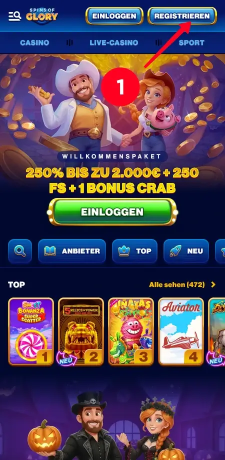 Spins of Glory Registrierung