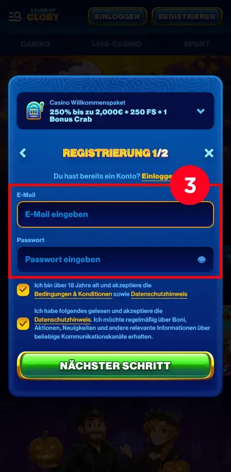 Spins of Glory E-Mail Eingabe