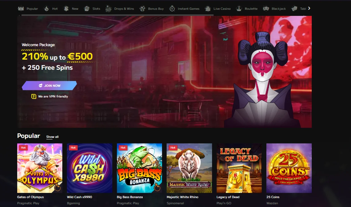 Startseite des Wild Tokyo Casinos mit Willkommensangebot Wild Tokyo Lobby