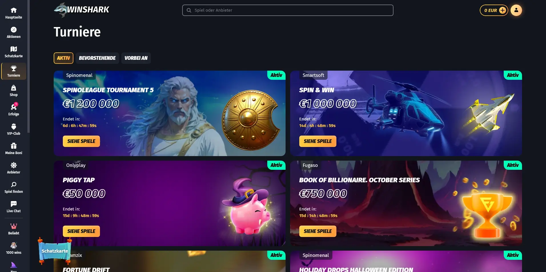 WinShark Casino – Aktive Online-Casino-Turniere WinShark Casino Turnierseite mit aktiven Turnieren