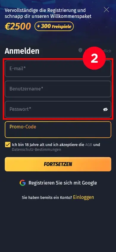 Geben Sie Ihre E-Mail, Ihren Benutzernamen und Ihr Passwort ein