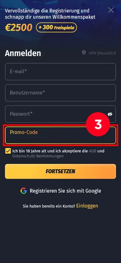 Geben Sie den Promo-Code ein