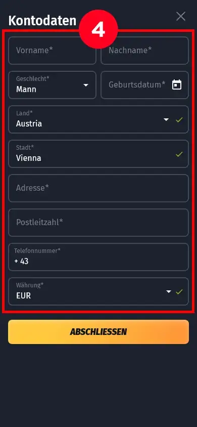 Füllen Sie Ihre Kontodaten im Klarna-Casino aus