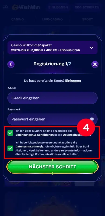 WishWin AGB und Datenschutz bestätigen WishWin AGB Zustimmung