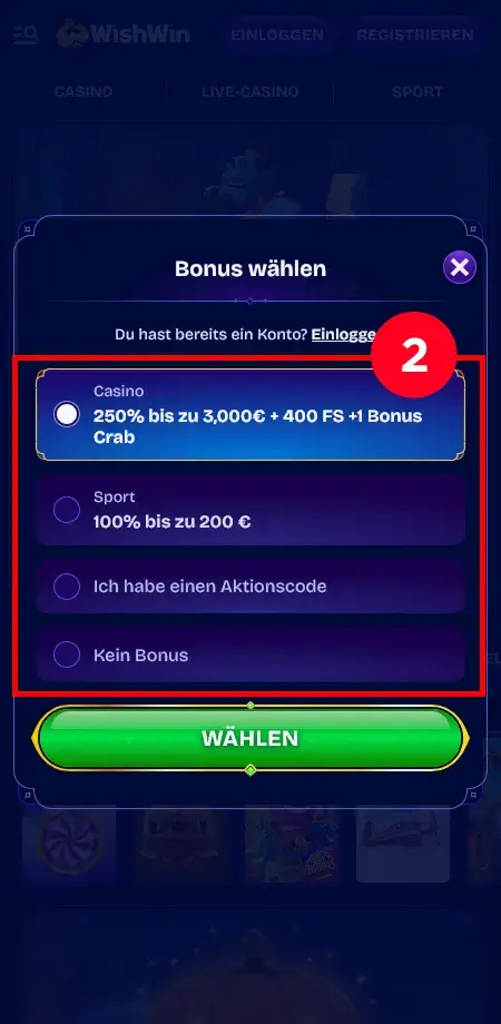 Casino Bonus auswählen WishWin Bonusoption