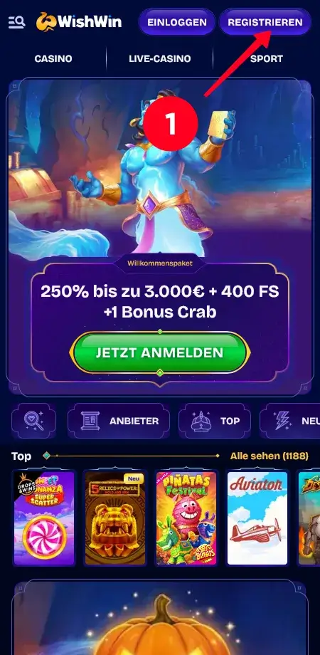 Registrierung bei WishWin beginnen WishWin Anmeldebutton