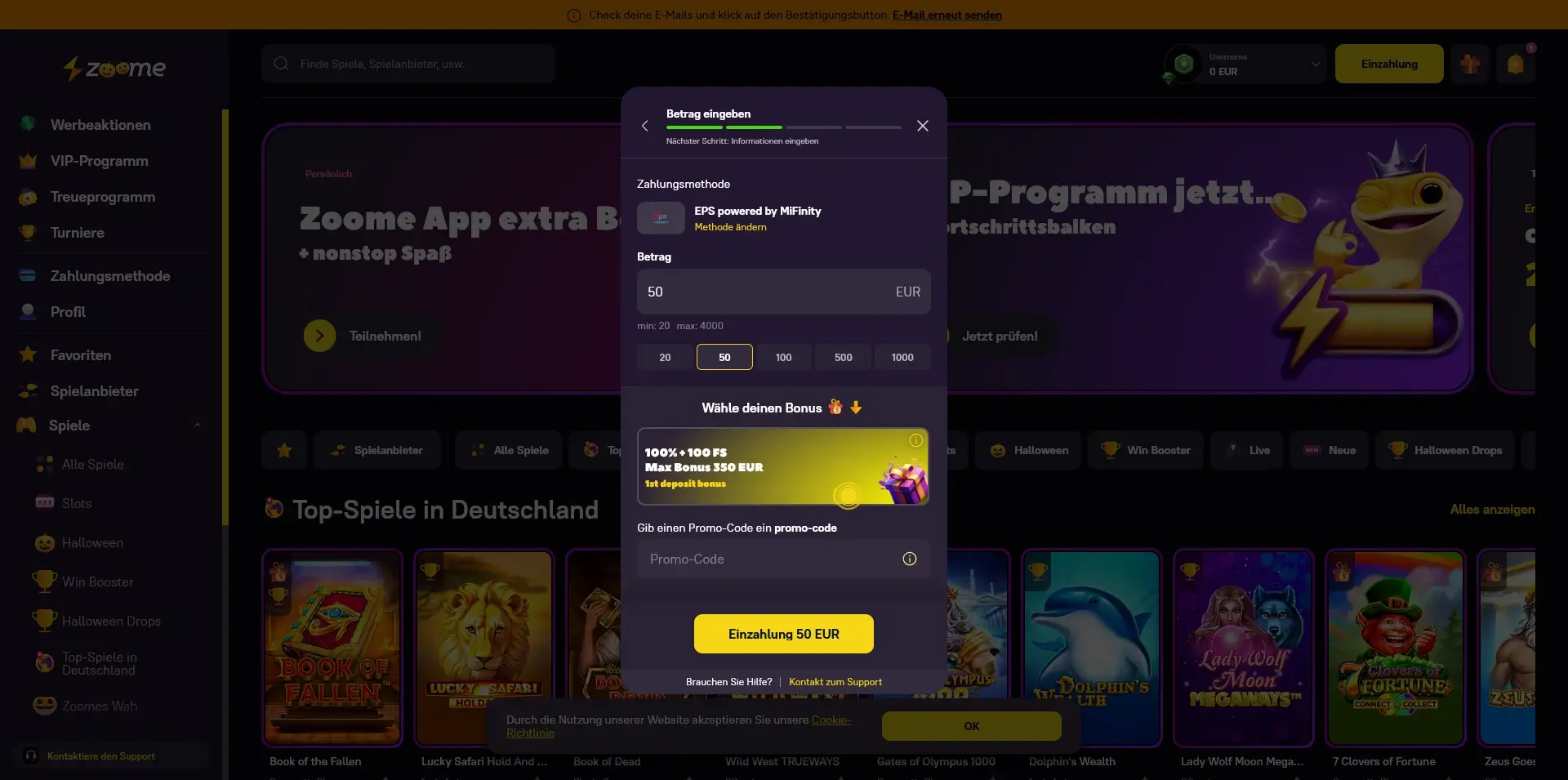 Zoome Casino – EPS Einzahlung mit 50 € Einzahlungsfenster im Zoome Casino mit EPS
