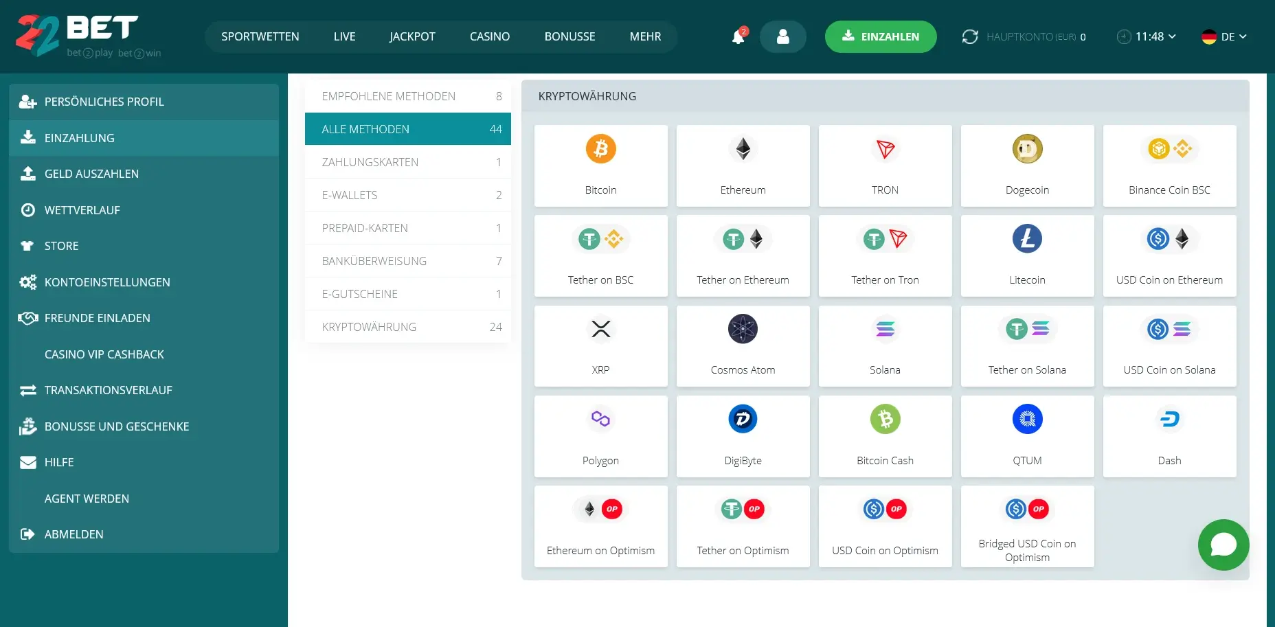 22Bet Einzahlungsübersicht mit zahlreichen Kryptowährungsoptionen 22Bet Einzahlungsseite