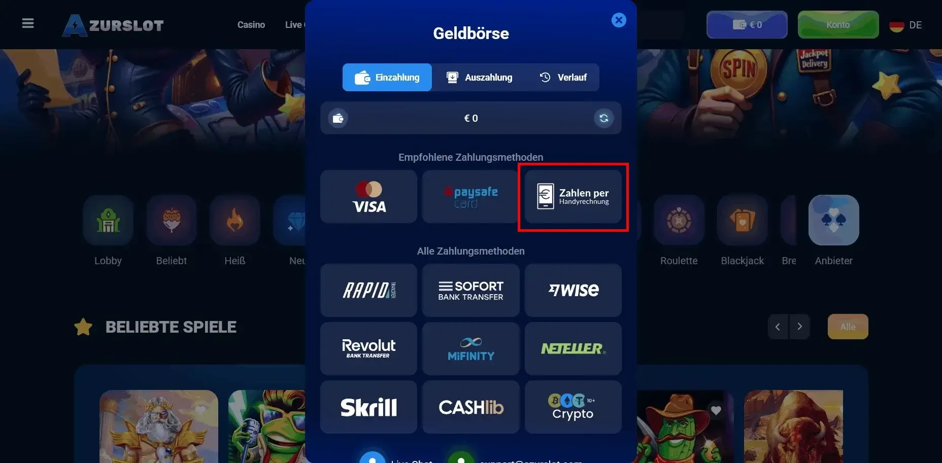 AzurSlot Casino zeigt die Handyrechnung Option - ok? Handyrechnung bei AzurSlot