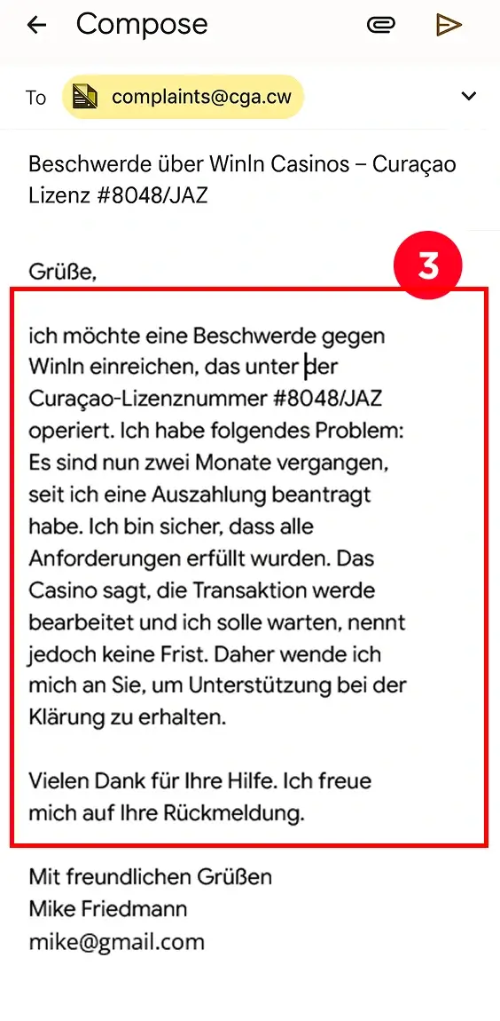 Beschwerdetext im E-Mail-Inhalt