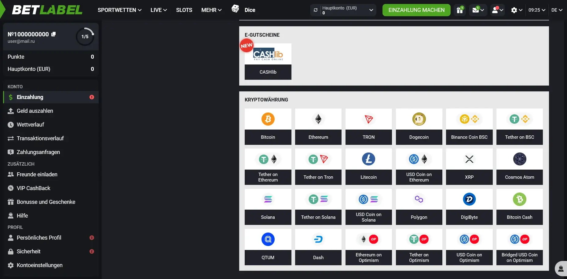 etLabel Einzahlungsübersicht mit Cashlib-Gutschein und vielen Kryptowährungsoptionen BetLabel Einzahlungsseite