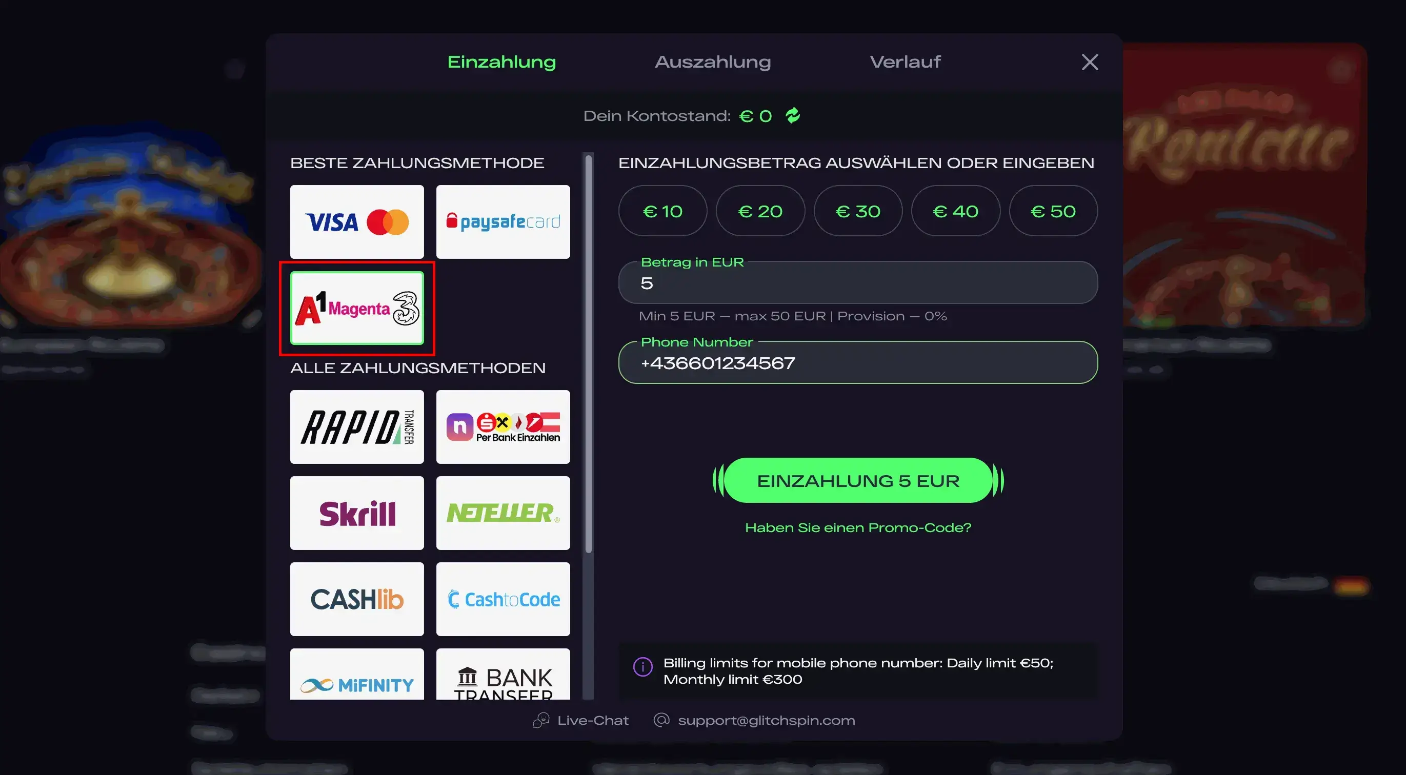 Einzahlung per A1, Magenta und Drei im Glitchspin Casino Glitchspin Casino Handyzahlung