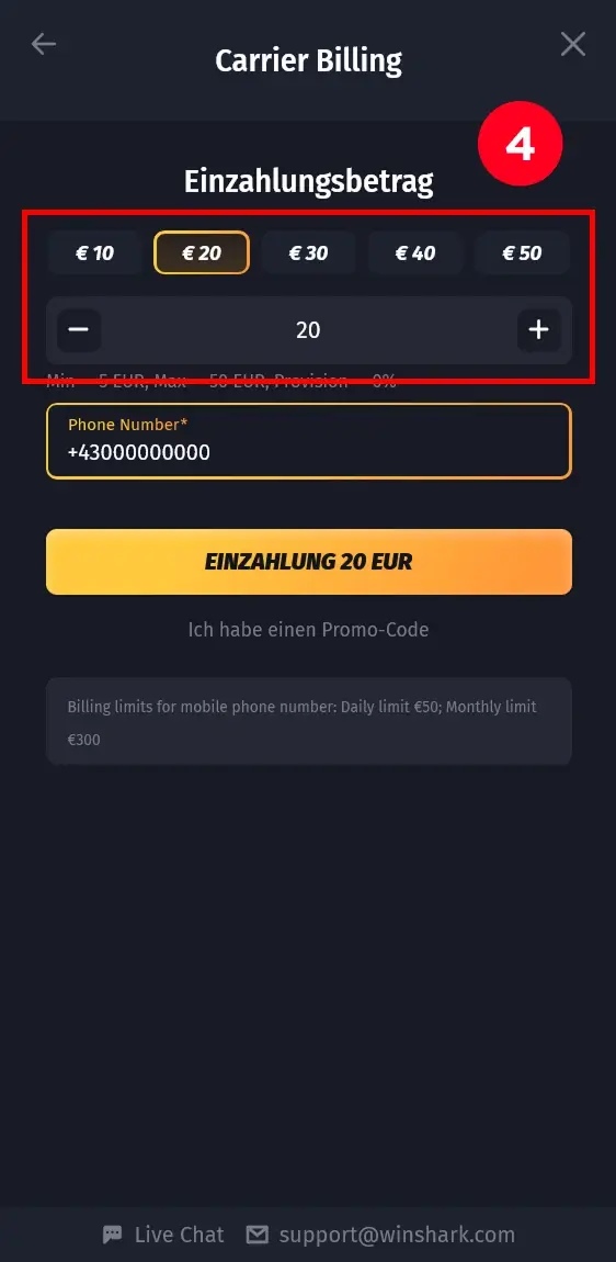 Auswahl des Einzahlungsbetrags