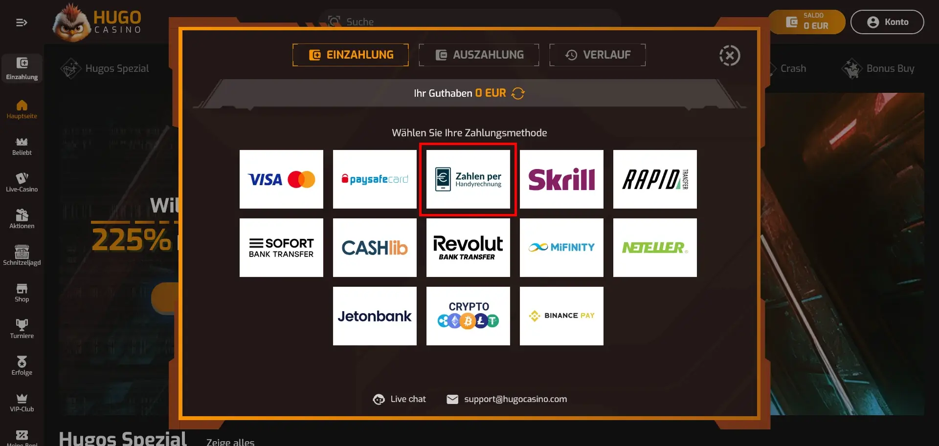 Hugo Casino Option Zahlen per Handyrechnung Hugo Casino Zahlungsseite