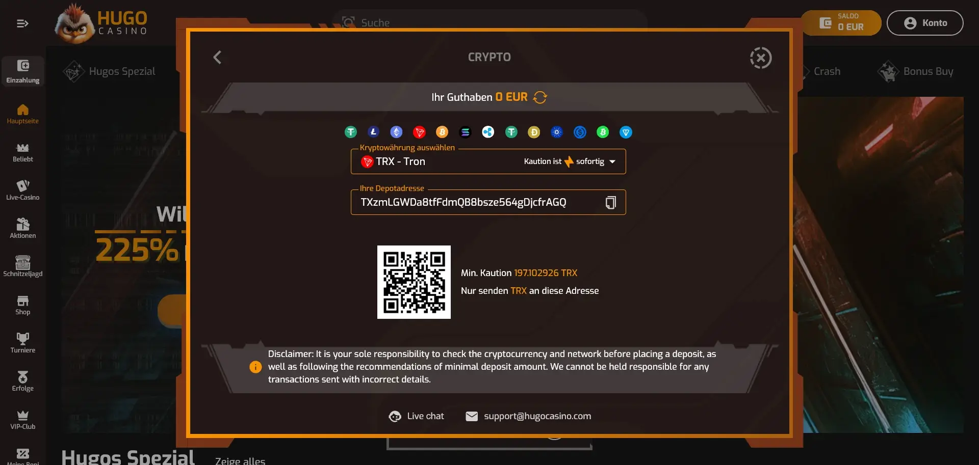TRX Walletadresse im Hugo Casino