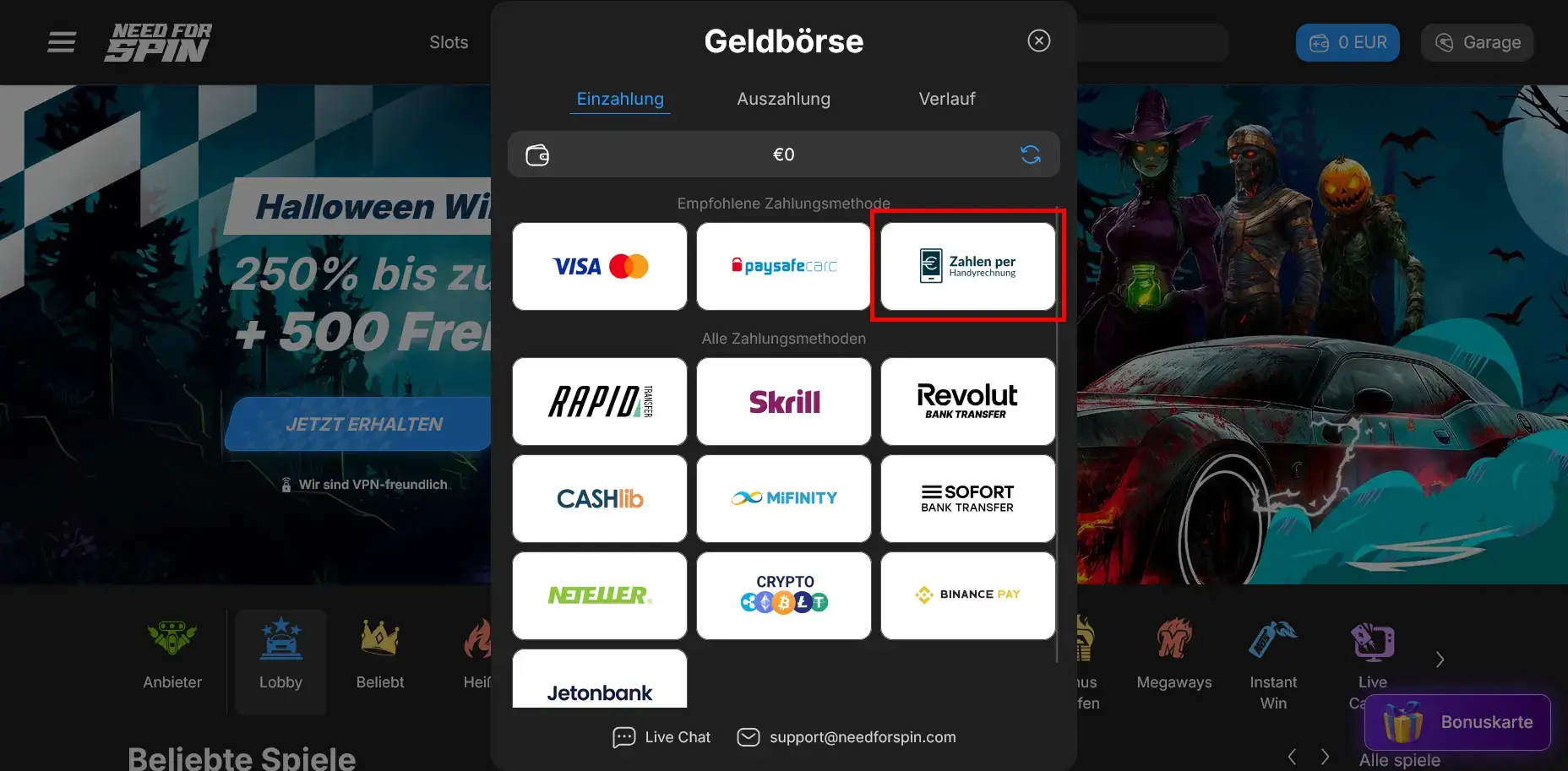 A1 Magenta und Drei im Need for Spin Casino Need for Spin Handyrechnung Option