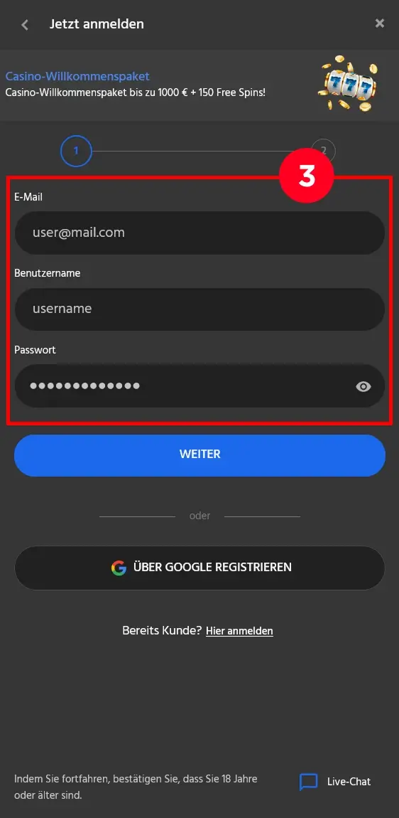 Slotimo Kontoformular
