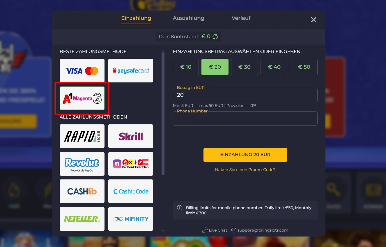 Einzahlung per Handyrechnung mit A1 Magenta und Drei im RollingSlots Casino Rolling Slots Handyrechnung Option