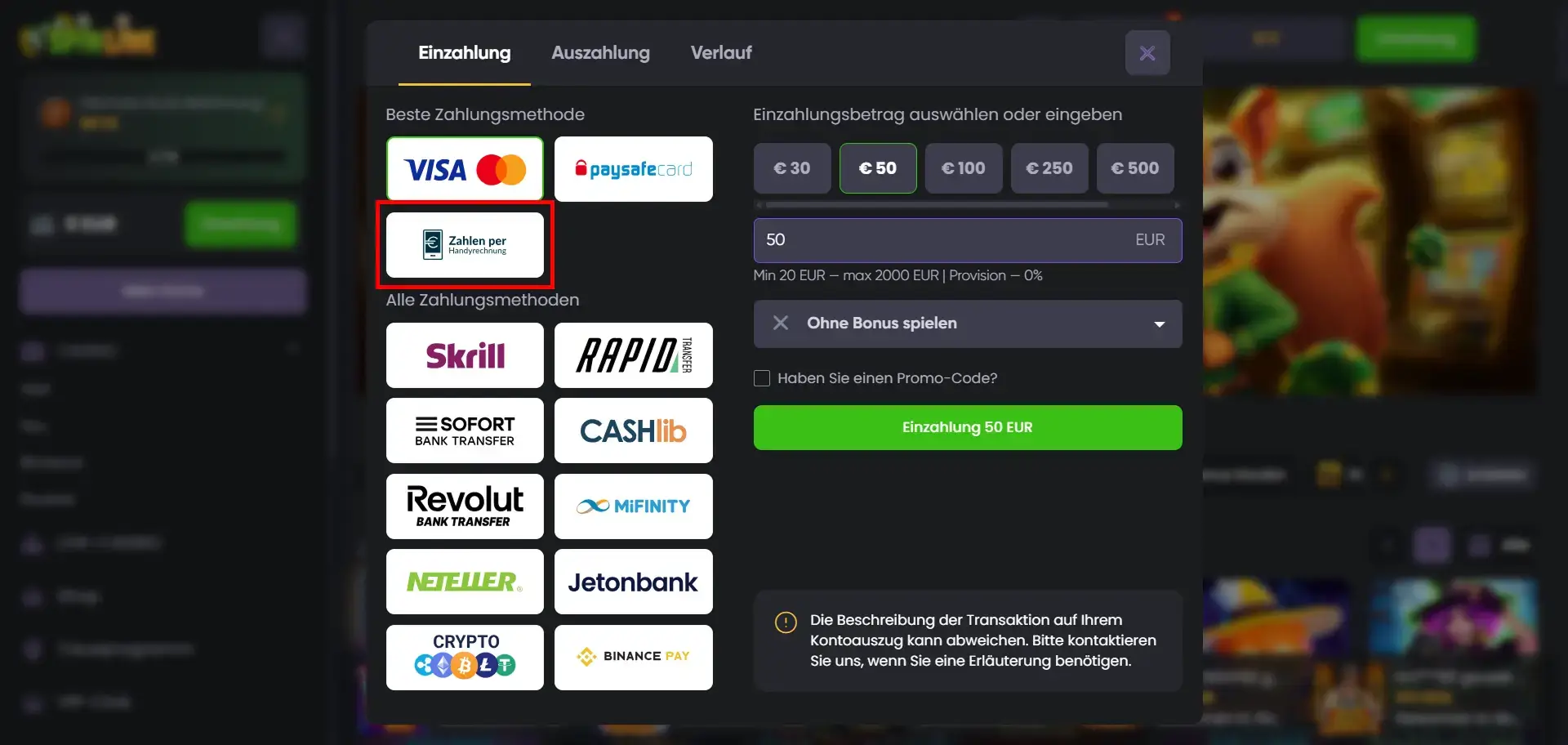 Spinlinecasino zeigt Handyzahlung Methode Spinline Handyrechnung Zahlungsoption