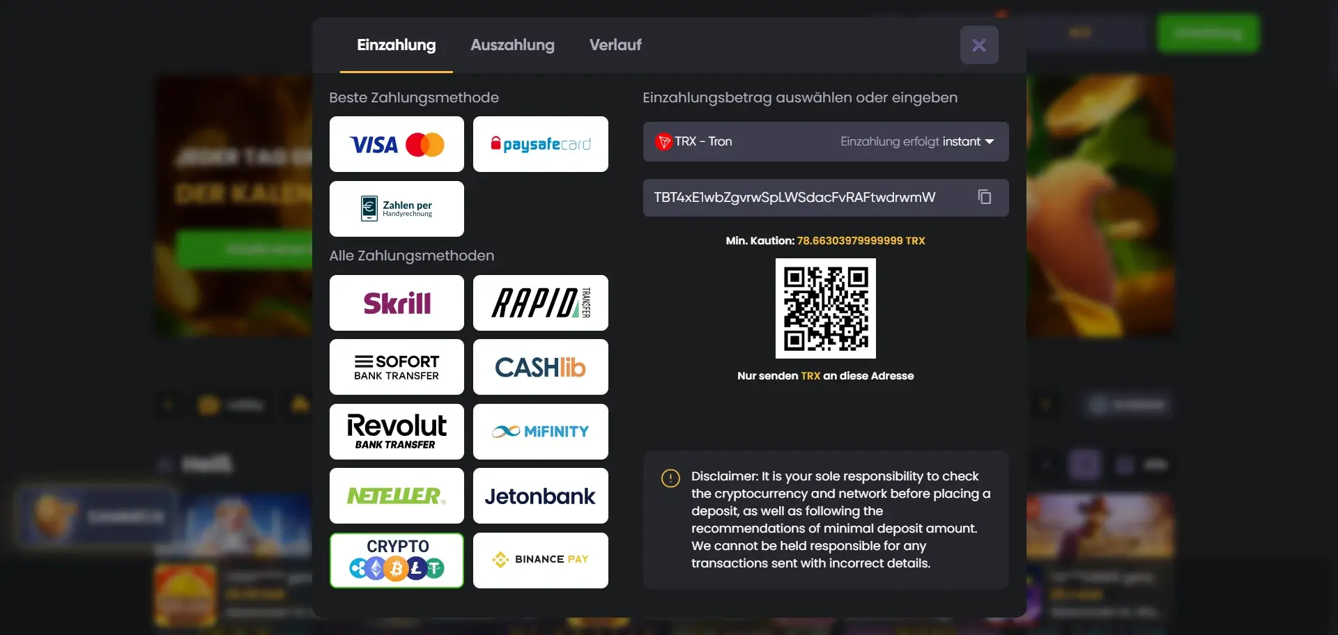 Tron-Einzahlung im Spinline