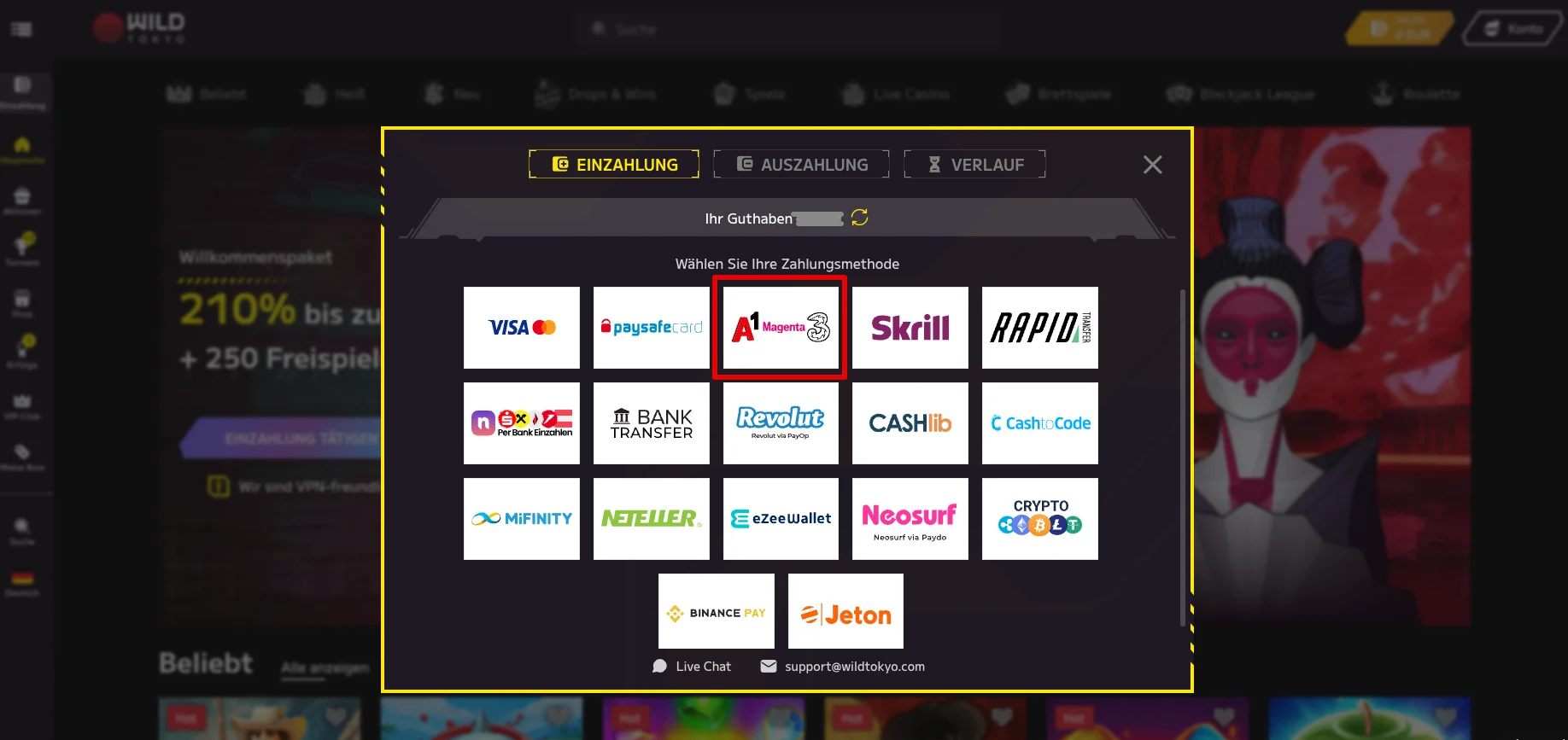 Einzahlung per Handyrechnung mit A1, Magenta und Drei im Wild Tokyo Casino Wild Tokyo Handyzahlung