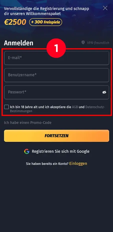 Registrierung bei Winshark