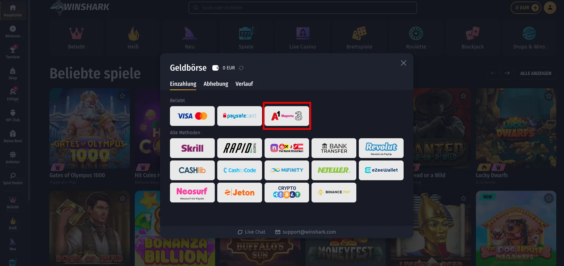 Handyrechnungszahlungen im Winshark Casino Winshark Handyzahlung