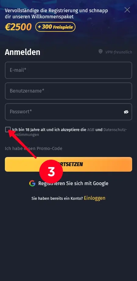 Bestätige dein Alter und akzeptiere die Bedingungen