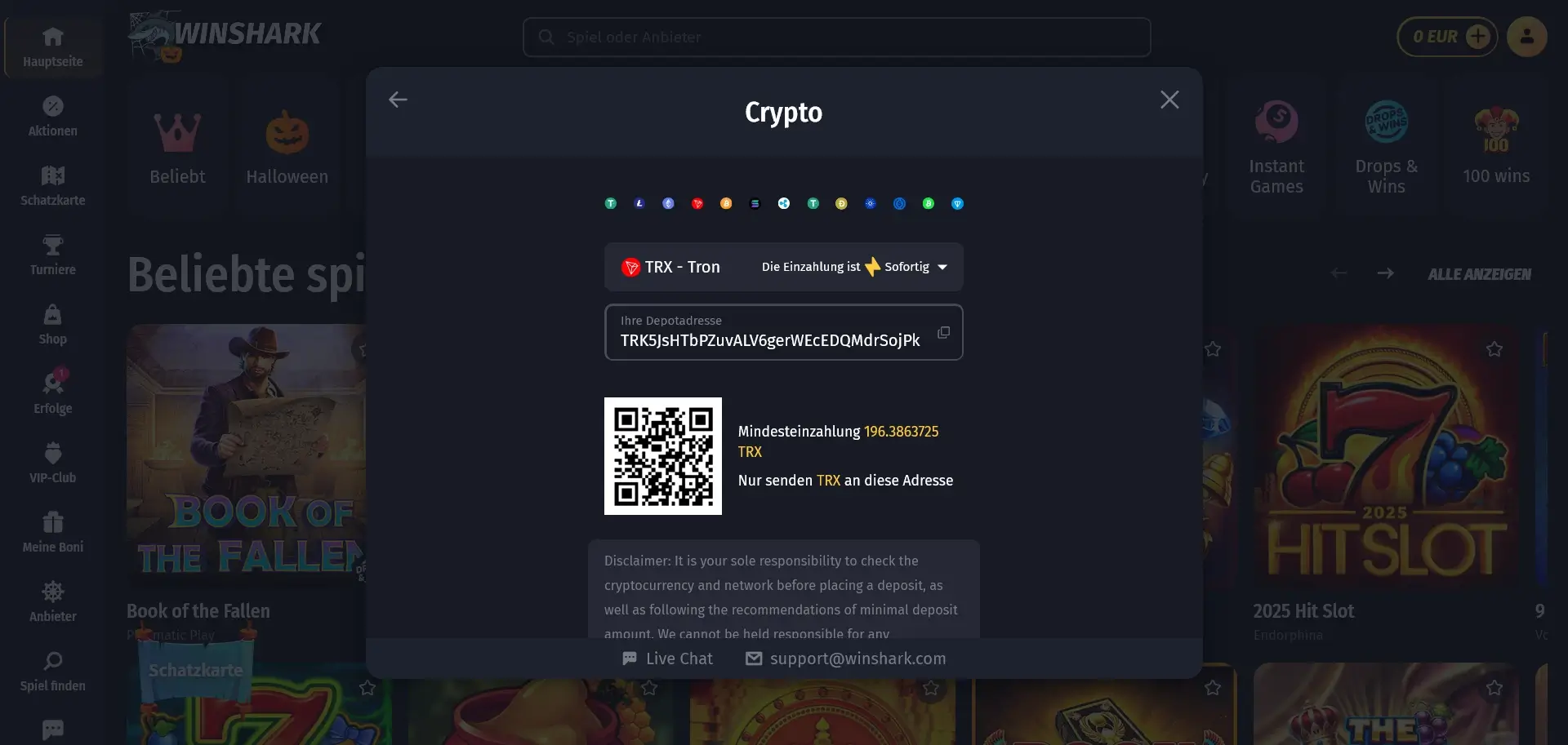 Tron Einzahlung im Winshark