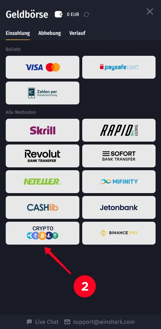 Zahlungsmethodenliste im Winshark-Wallet