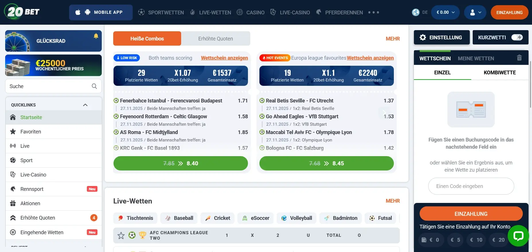 Darstellung der 20Bet Seite mit aktuellen Wettmöglichkeiten