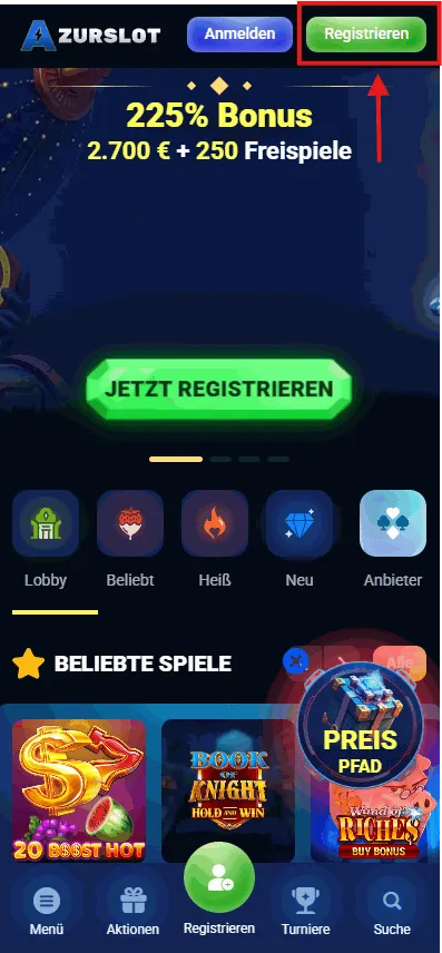 AzurSlot Registrierung Schritt