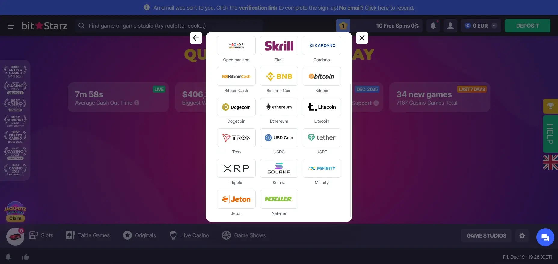 BitStarz Einzahlungsfenster mit 1 € Krypto-Auswahl Krypto-Einzahlung bei BitStarz