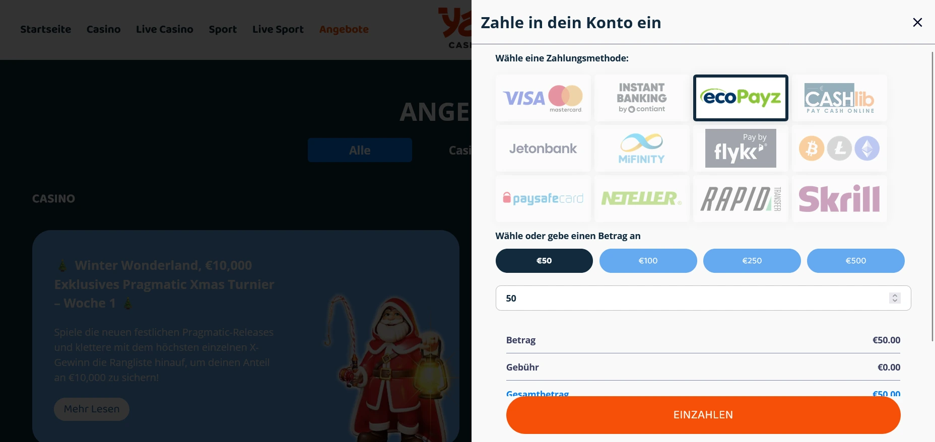 Einzahlung mit Zahlungsarten und Betragsauswahl ecoPayz Einzahlungsfenster
