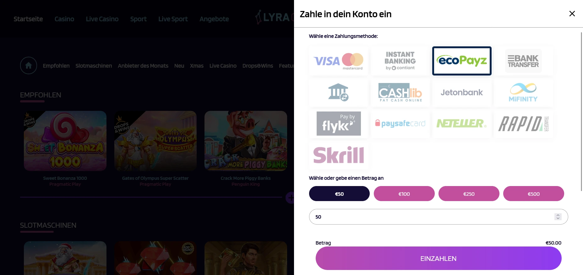 Einzahlung mit ecoPayz und Schnellbeträgen ecoPayz Auswahl