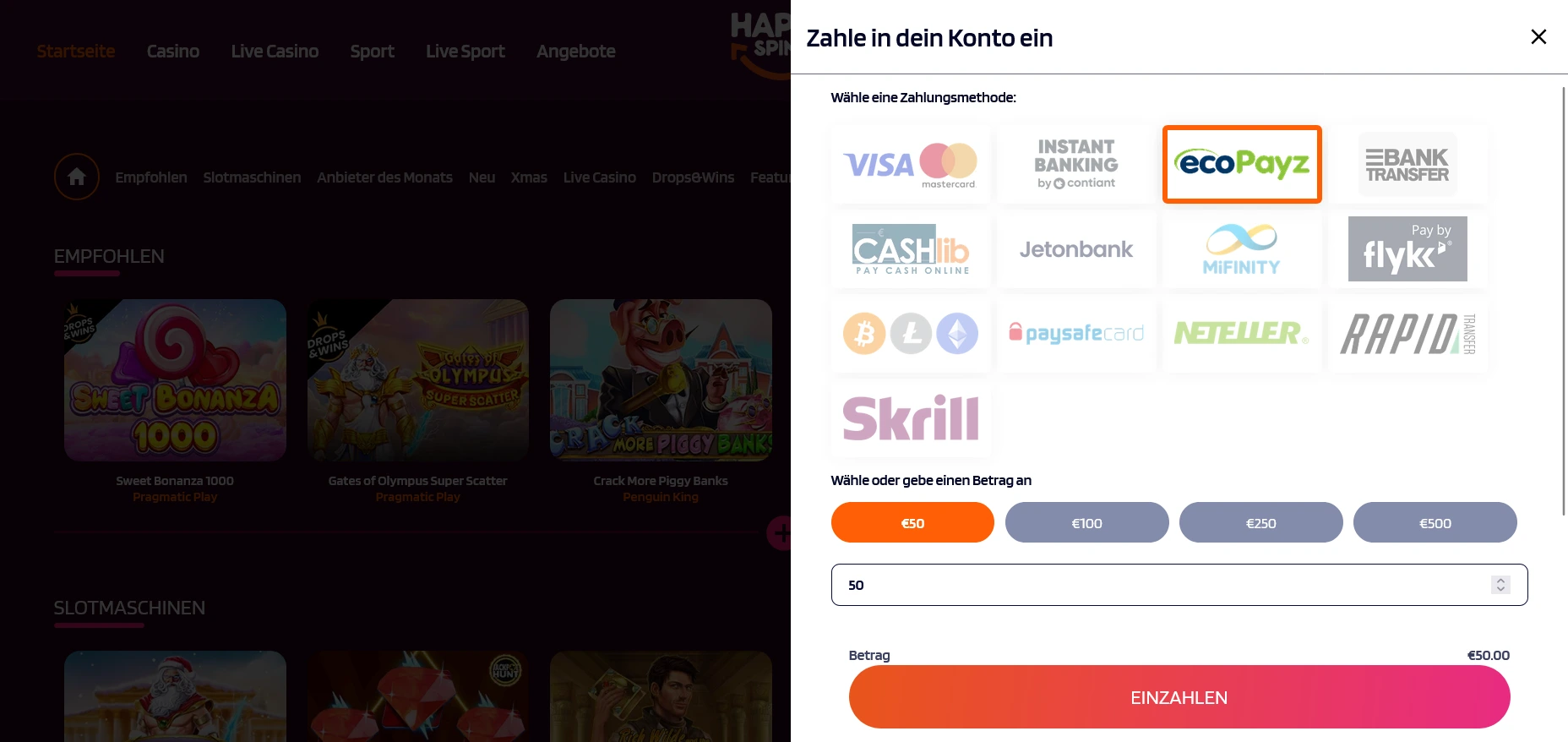Einzahlung mit Zahlungslogos, Betrag und Einzahlen-Button Zahlungsarten Liste
