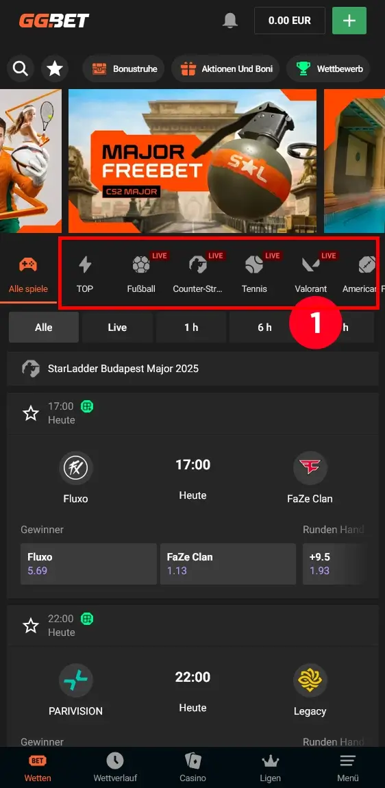 GGbet Sportnavigation