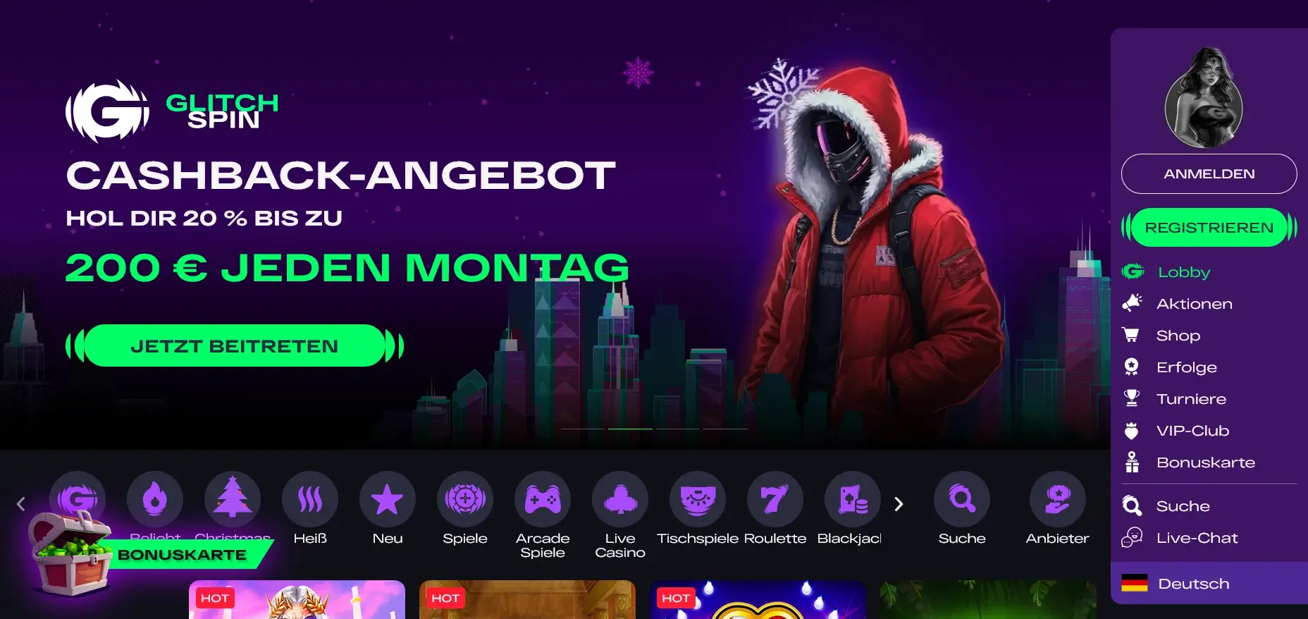 GlitchSpin Casino mit wöchentlichem Cashback-Bonus und direktem Spielezugang Cashback-Angebot im GlitchSpin