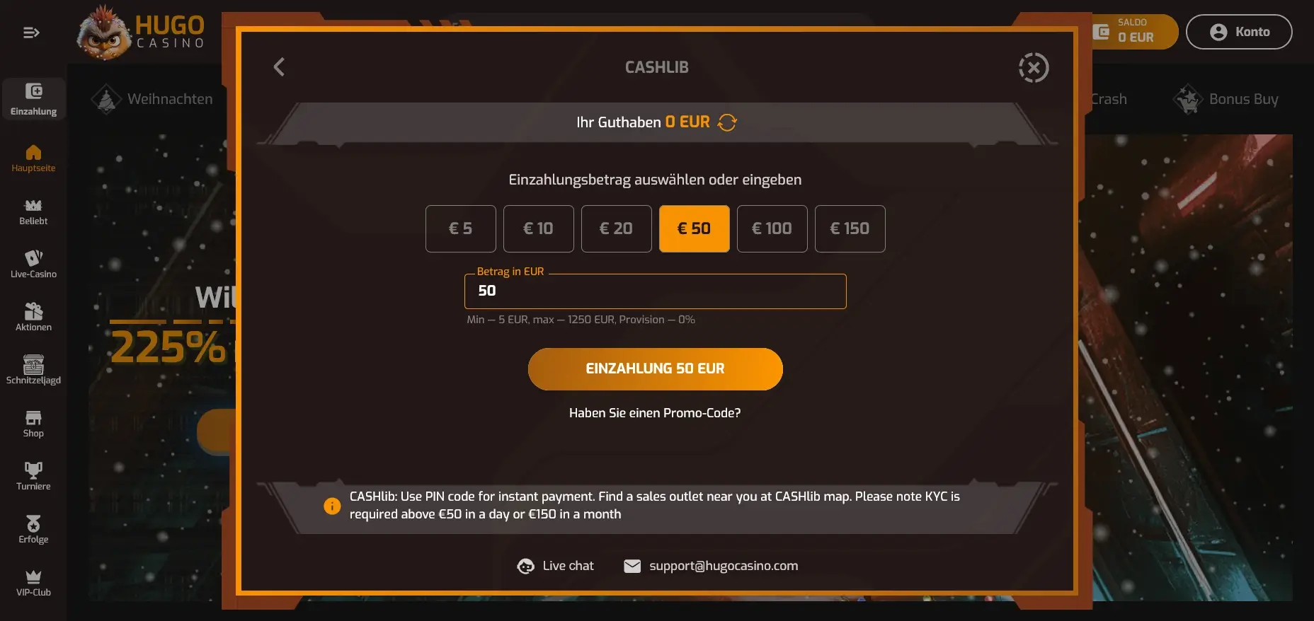 Cashlib-Einzahlungsfenster im Hugo Casino