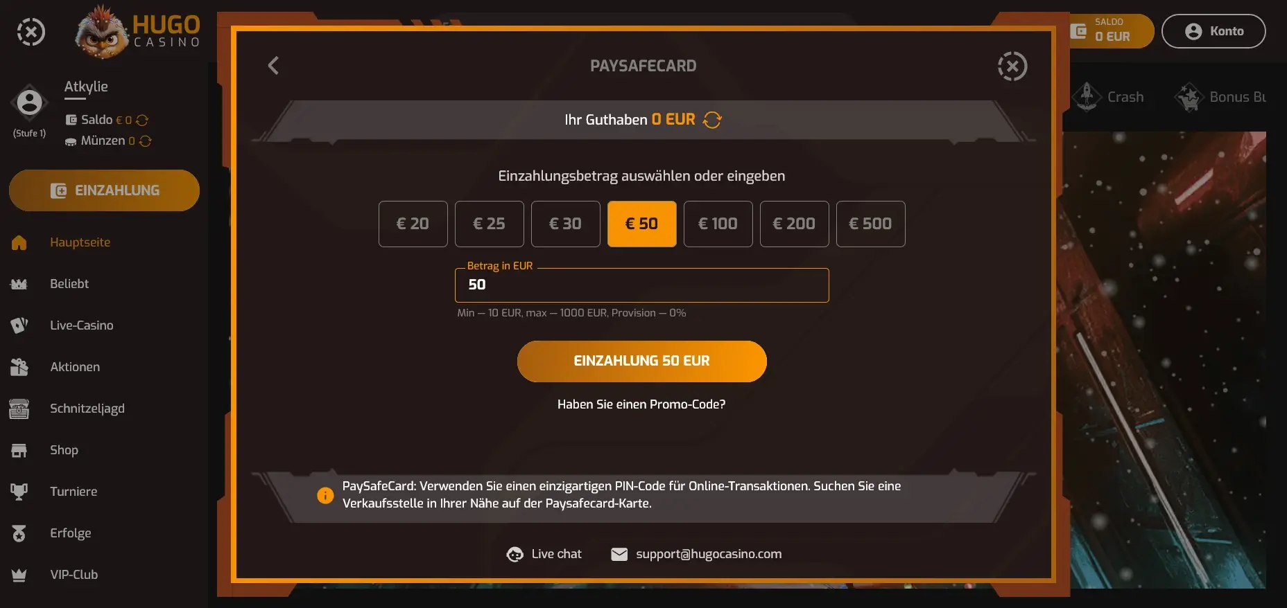 Hugo Casino Zahlungsseite mit Paysafecard Auswahl Paysafecard Einzahlung im Hugo