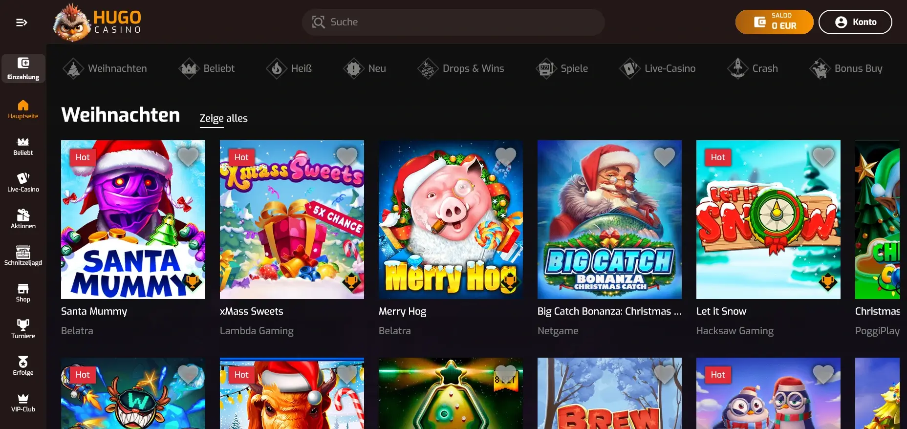 Auswahl an Weihnachtsslots im Hugo Casino mit direktem Spielzugang Weihnachtliche Slots im Hugo