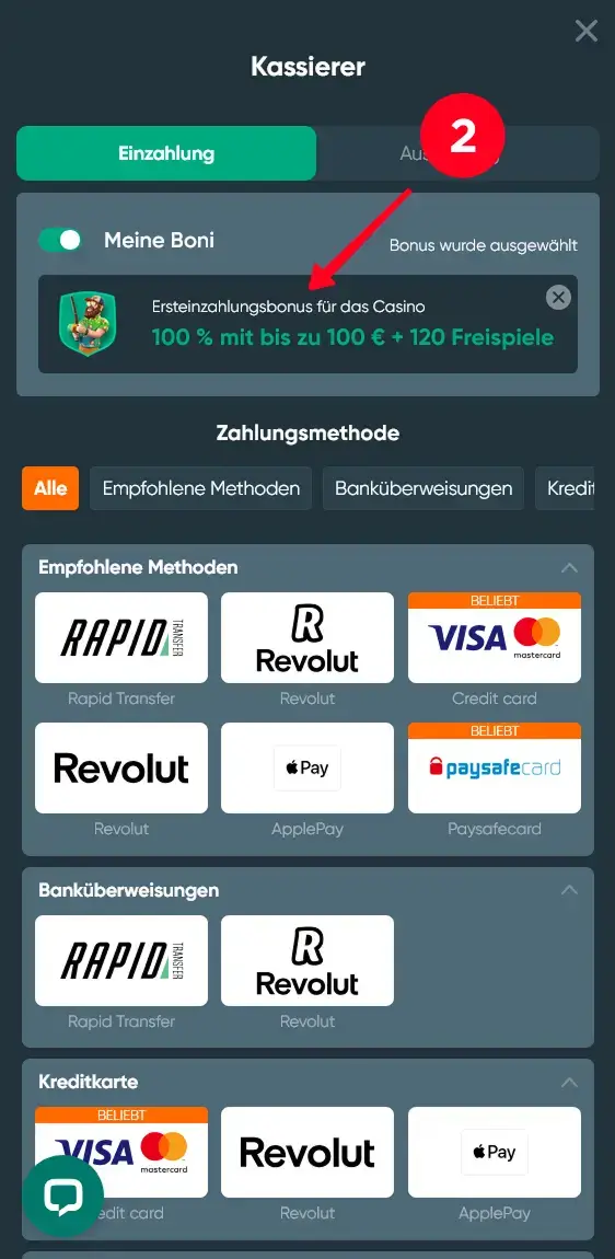 Bonus für die Einzahlung auswählen