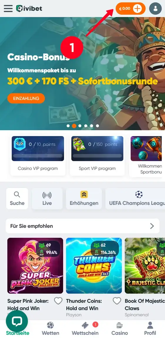 Einzahlungsmenü bei Ivibet öffnen