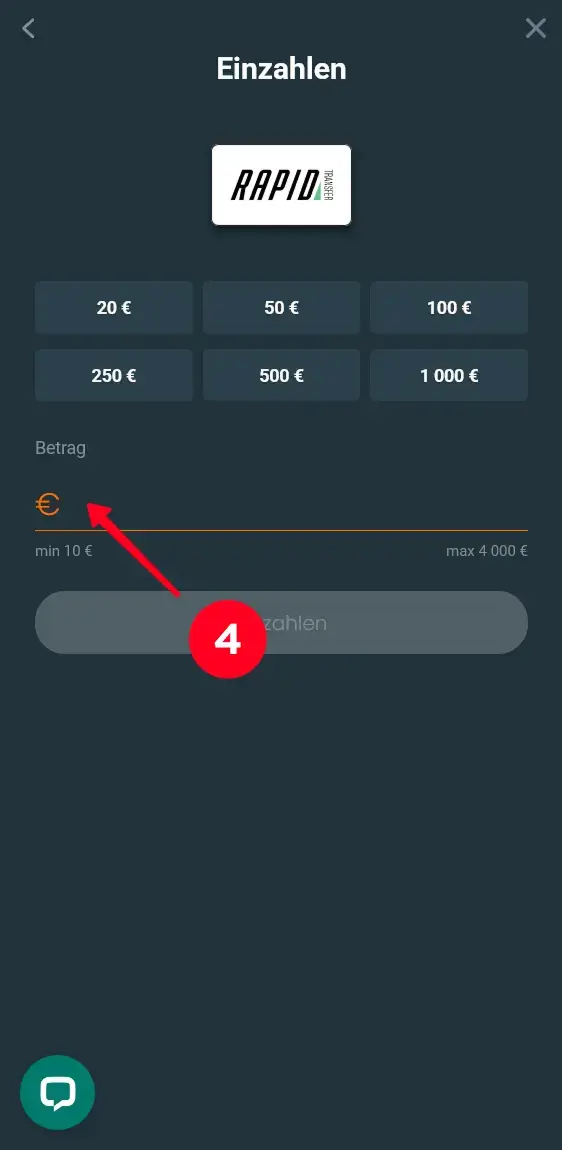 Einzahlungsbetrag für Rapid-Transfer eingeben