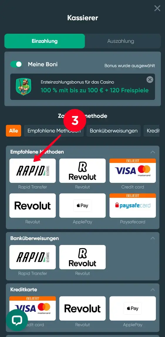 Rapid-Transfer als Zahlungsmethode wählen