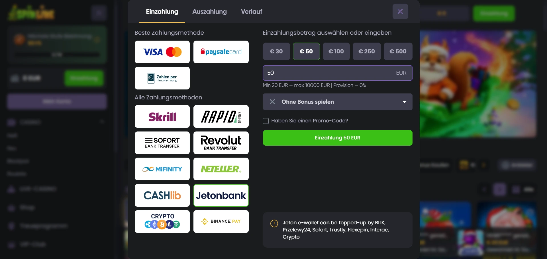 Jeton Einzahlung im Spinline